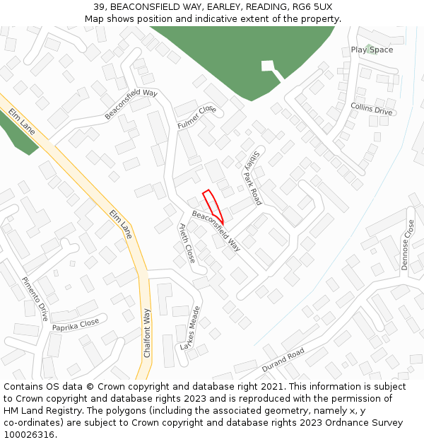 39, BEACONSFIELD WAY, EARLEY, READING, RG6 5UX: Location map and indicative extent of plot