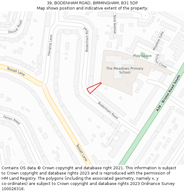 39, BODENHAM ROAD, BIRMINGHAM, B31 5DP: Location map and indicative extent of plot