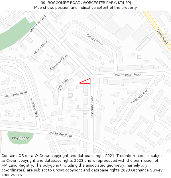 39, BOSCOMBE ROAD, WORCESTER PARK, KT4 8PJ: Location map and indicative extent of plot