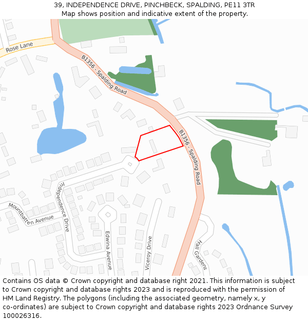 39, INDEPENDENCE DRIVE, PINCHBECK, SPALDING, PE11 3TR: Location map and indicative extent of plot