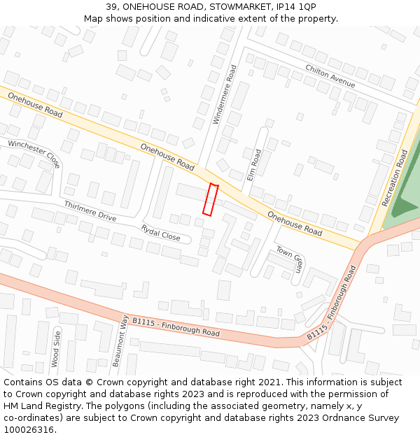 39, ONEHOUSE ROAD, STOWMARKET, IP14 1QP: Location map and indicative extent of plot