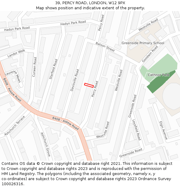 39, PERCY ROAD, LONDON, W12 9PX: Location map and indicative extent of plot