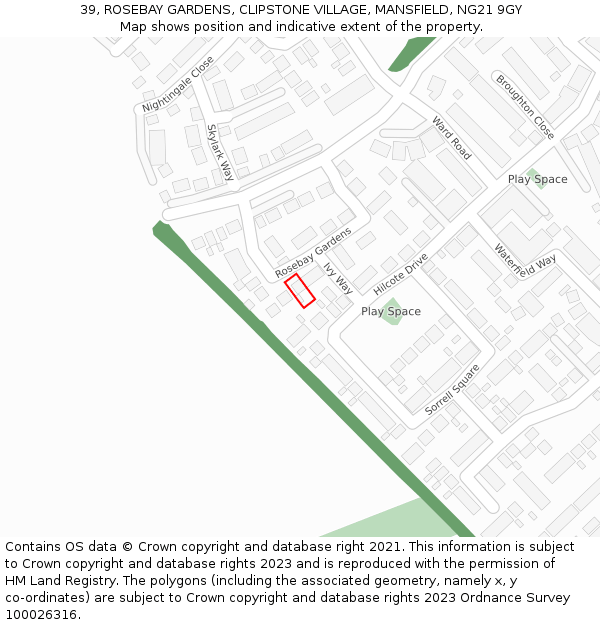 39, ROSEBAY GARDENS, CLIPSTONE VILLAGE, MANSFIELD, NG21 9GY: Location map and indicative extent of plot