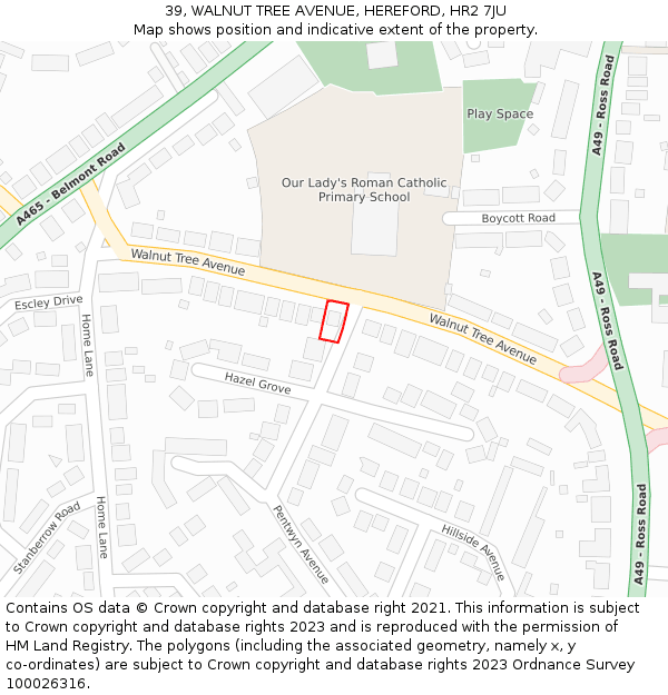 39, WALNUT TREE AVENUE, HEREFORD, HR2 7JU: Location map and indicative extent of plot