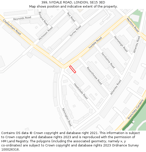 399, IVYDALE ROAD, LONDON, SE15 3ED: Location map and indicative extent of plot