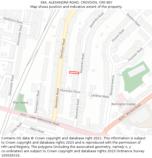 39A, ALEXANDRA ROAD, CROYDON, CR0 6EY: Location map and indicative extent of plot