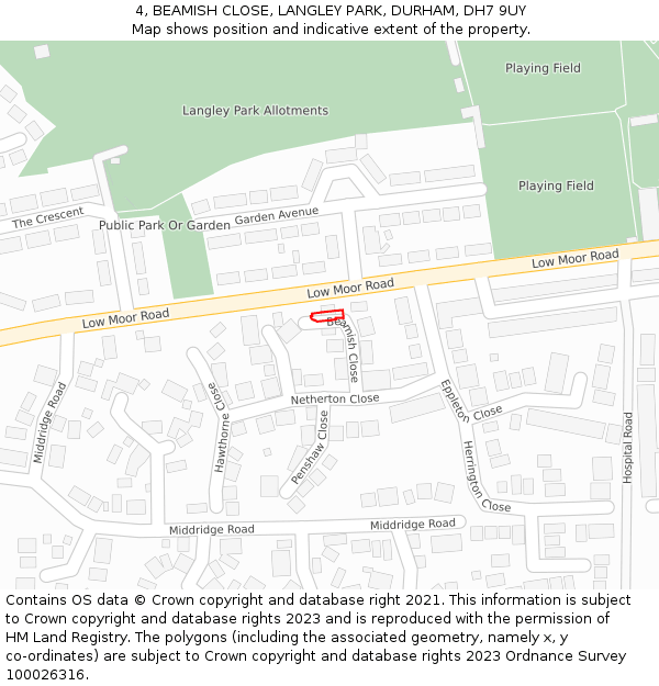 4, BEAMISH CLOSE, LANGLEY PARK, DURHAM, DH7 9UY: Location map and indicative extent of plot