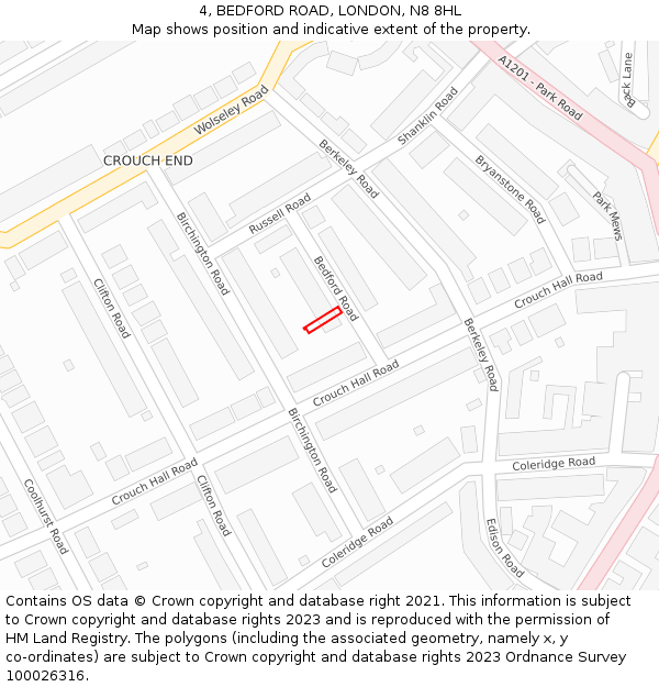4, BEDFORD ROAD, LONDON, N8 8HL: Location map and indicative extent of plot