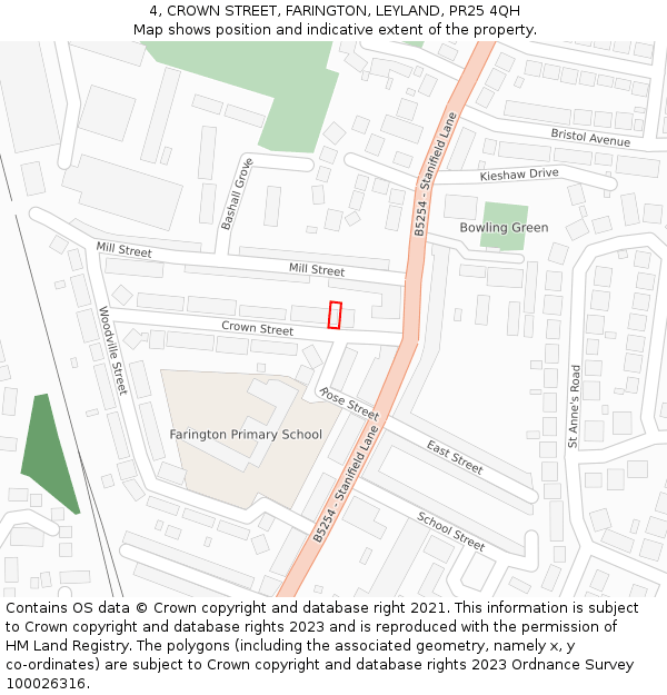 4, CROWN STREET, FARINGTON, LEYLAND, PR25 4QH: Location map and indicative extent of plot