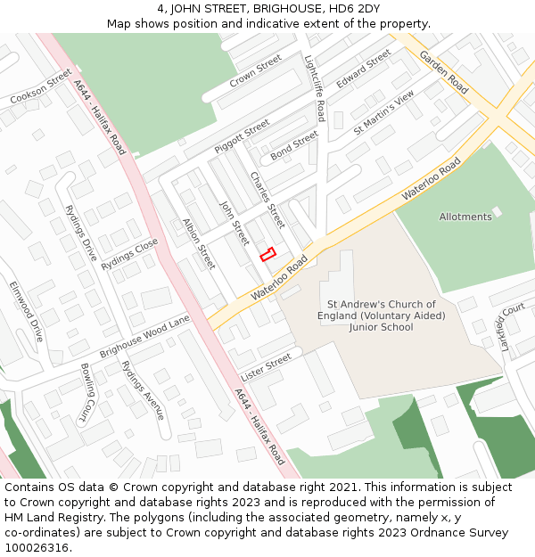 4, JOHN STREET, BRIGHOUSE, HD6 2DY: Location map and indicative extent of plot