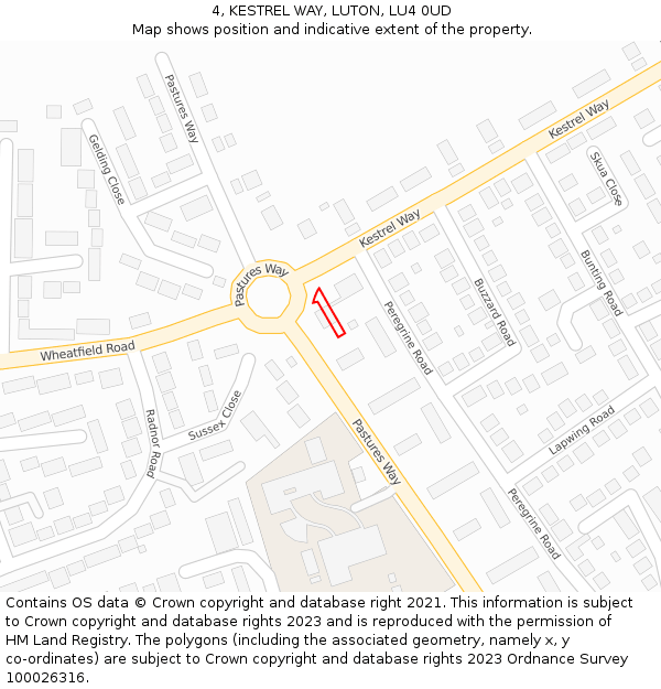 4, KESTREL WAY, LUTON, LU4 0UD: Location map and indicative extent of plot