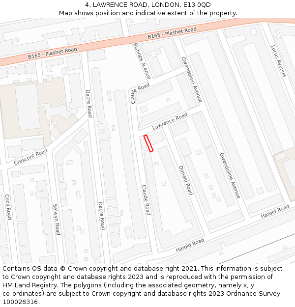 4, LAWRENCE ROAD, LONDON, E13 0QD: Location map and indicative extent of plot