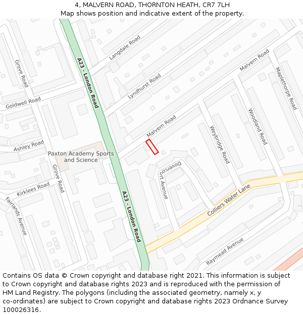 4, MALVERN ROAD, THORNTON HEATH, CR7 7LH: Location map and indicative extent of plot