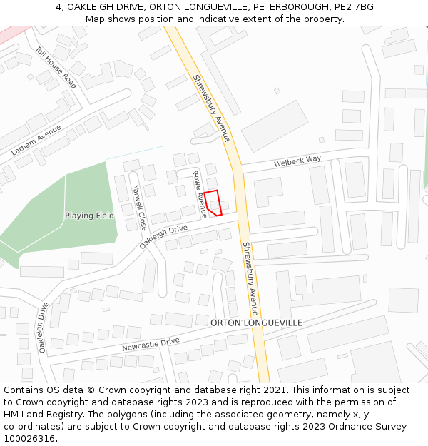 4, OAKLEIGH DRIVE, ORTON LONGUEVILLE, PETERBOROUGH, PE2 7BG: Location map and indicative extent of plot