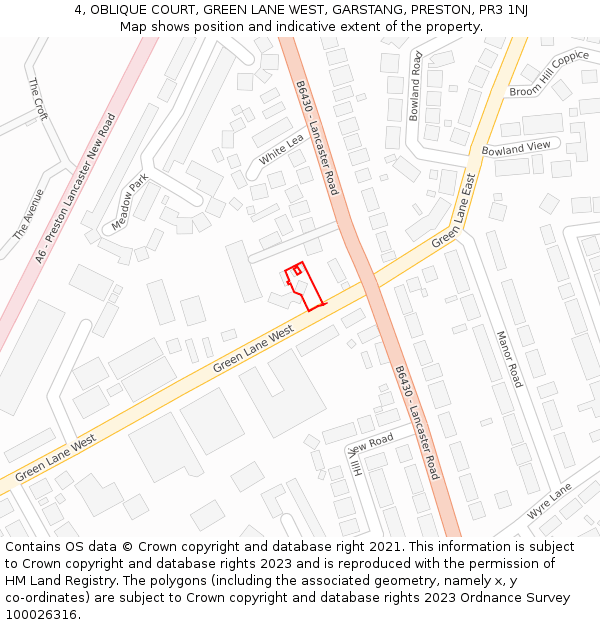 4, OBLIQUE COURT, GREEN LANE WEST, GARSTANG, PRESTON, PR3 1NJ: Location map and indicative extent of plot