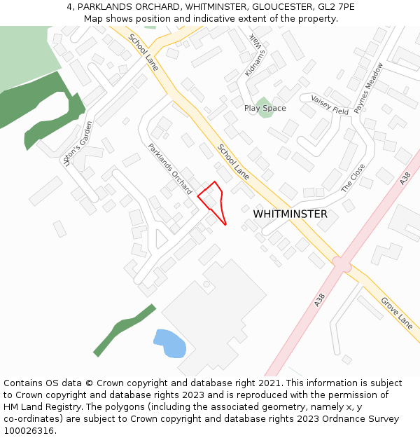 4, PARKLANDS ORCHARD, WHITMINSTER, GLOUCESTER, GL2 7PE: Location map and indicative extent of plot