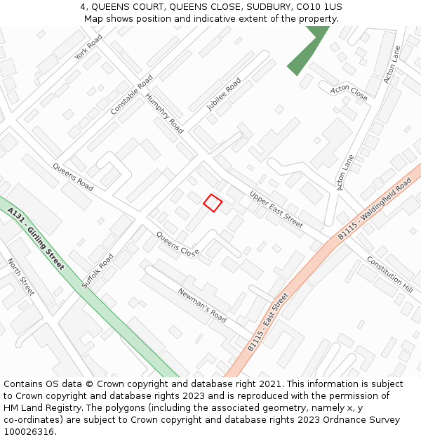 4, QUEENS COURT, QUEENS CLOSE, SUDBURY, CO10 1US: Location map and indicative extent of plot