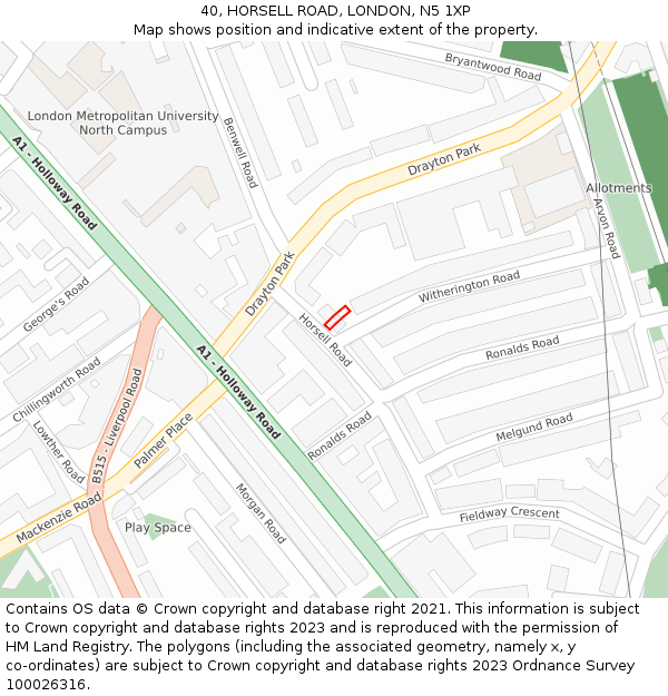 40, HORSELL ROAD, LONDON, N5 1XP: Location map and indicative extent of plot
