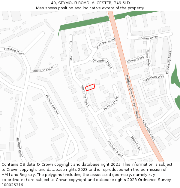 40, SEYMOUR ROAD, ALCESTER, B49 6LD: Location map and indicative extent of plot