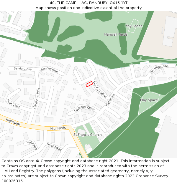 40, THE CAMELLIAS, BANBURY, OX16 1YT: Location map and indicative extent of plot