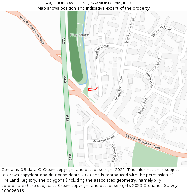 40, THURLOW CLOSE, SAXMUNDHAM, IP17 1GD: Location map and indicative extent of plot