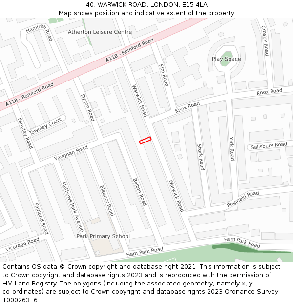 40, WARWICK ROAD, LONDON, E15 4LA: Location map and indicative extent of plot
