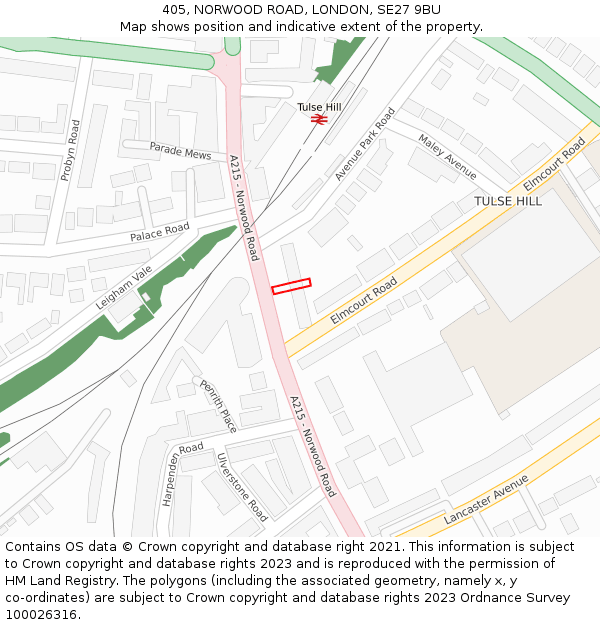 405, NORWOOD ROAD, LONDON, SE27 9BU: Location map and indicative extent of plot
