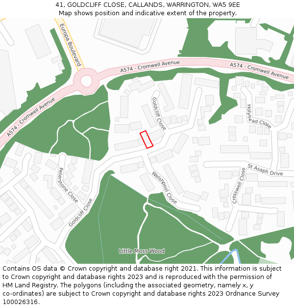 41, GOLDCLIFF CLOSE, CALLANDS, WARRINGTON, WA5 9EE: Location map and indicative extent of plot