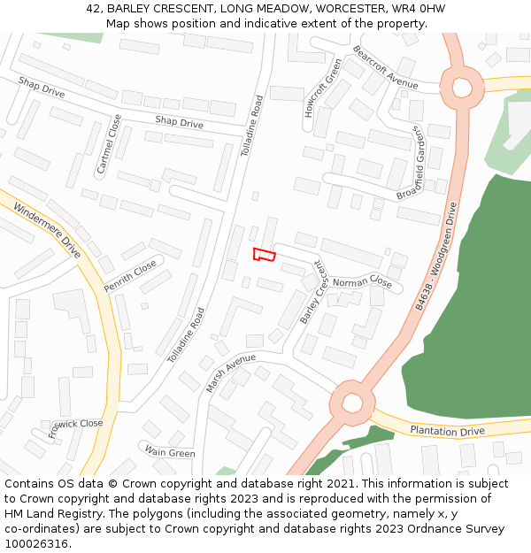 42, BARLEY CRESCENT, LONG MEADOW, WORCESTER, WR4 0HW: Location map and indicative extent of plot