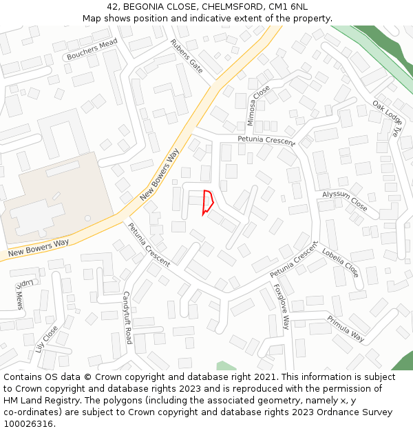42, BEGONIA CLOSE, CHELMSFORD, CM1 6NL: Location map and indicative extent of plot