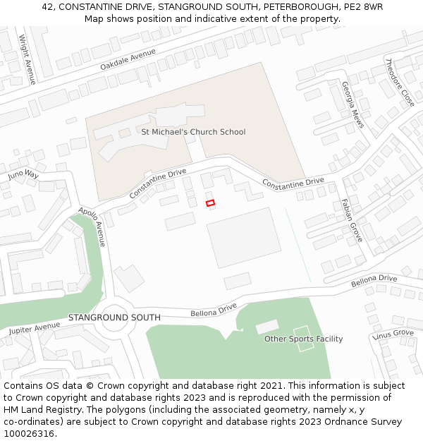42, CONSTANTINE DRIVE, STANGROUND SOUTH, PETERBOROUGH, PE2 8WR: Location map and indicative extent of plot