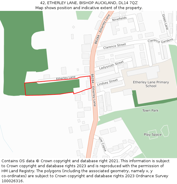 42, ETHERLEY LANE, BISHOP AUCKLAND, DL14 7QZ: Location map and indicative extent of plot