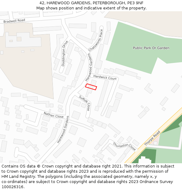 42, HAREWOOD GARDENS, PETERBOROUGH, PE3 9NF: Location map and indicative extent of plot