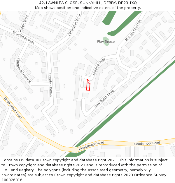 42, LAWNLEA CLOSE, SUNNYHILL, DERBY, DE23 1XQ: Location map and indicative extent of plot