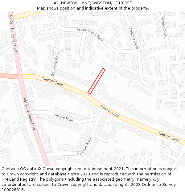 42, NEWTON LANE, WIGSTON, LE18 3SE: Location map and indicative extent of plot