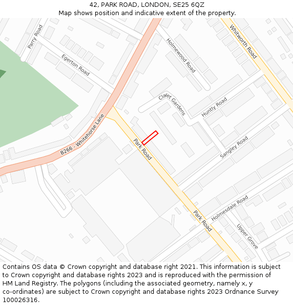 42, PARK ROAD, LONDON, SE25 6QZ: Location map and indicative extent of plot