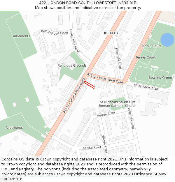 422, LONDON ROAD SOUTH, LOWESTOFT, NR33 0LB: Location map and indicative extent of plot