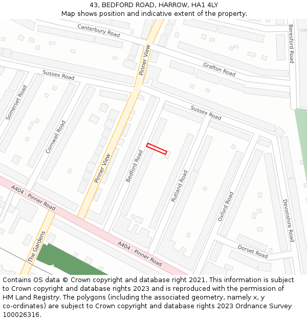 43, BEDFORD ROAD, HARROW, HA1 4LY: Location map and indicative extent of plot