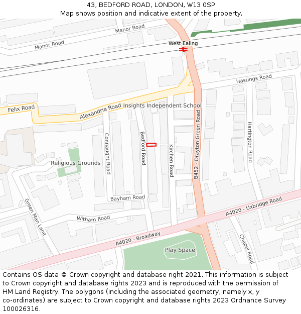 43, BEDFORD ROAD, LONDON, W13 0SP: Location map and indicative extent of plot