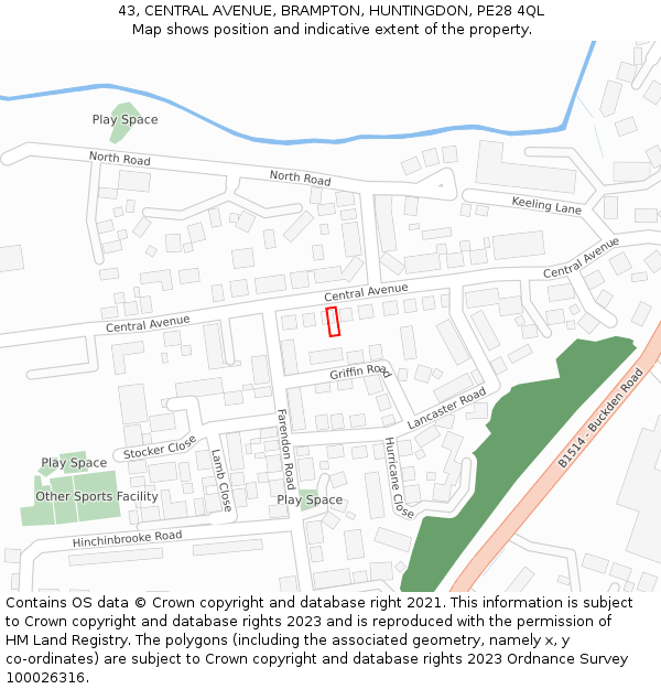43, CENTRAL AVENUE, BRAMPTON, HUNTINGDON, PE28 4QL: Location map and indicative extent of plot