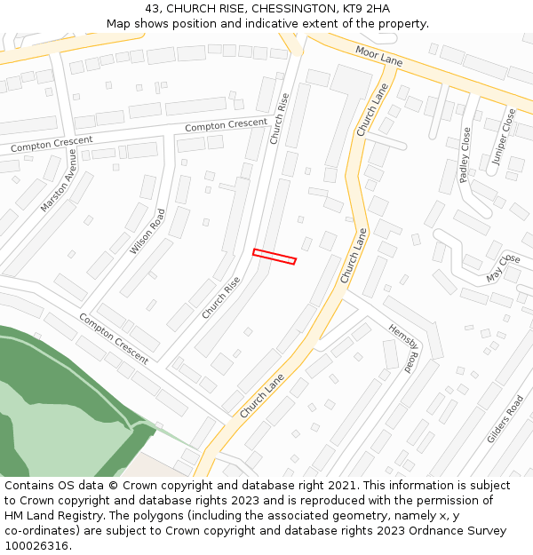 43, CHURCH RISE, CHESSINGTON, KT9 2HA: Location map and indicative extent of plot