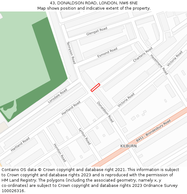 43, DONALDSON ROAD, LONDON, NW6 6NE: Location map and indicative extent of plot