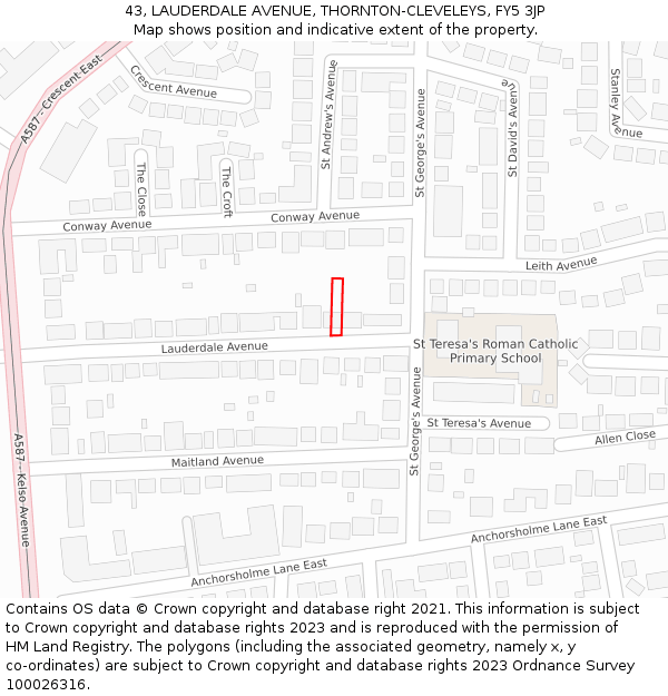 43, LAUDERDALE AVENUE, THORNTON-CLEVELEYS, FY5 3JP: Location map and indicative extent of plot