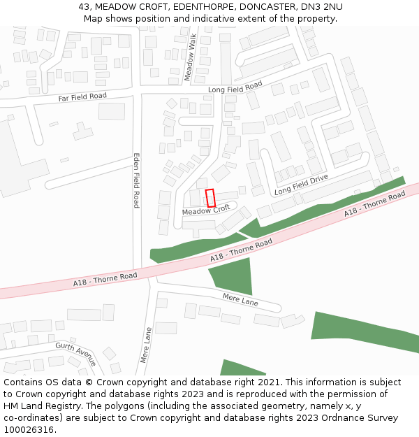 43, MEADOW CROFT, EDENTHORPE, DONCASTER, DN3 2NU: Location map and indicative extent of plot