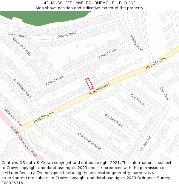 43, MUSCLIFFE LANE, BOURNEMOUTH, BH9 3NF: Location map and indicative extent of plot