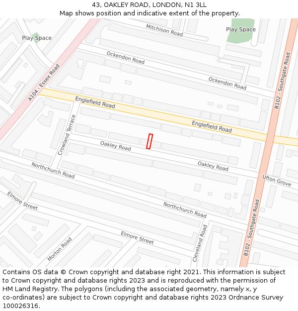 43, OAKLEY ROAD, LONDON, N1 3LL: Location map and indicative extent of plot