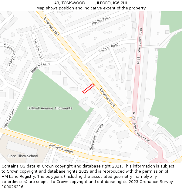 43, TOMSWOOD HILL, ILFORD, IG6 2HL: Location map and indicative extent of plot