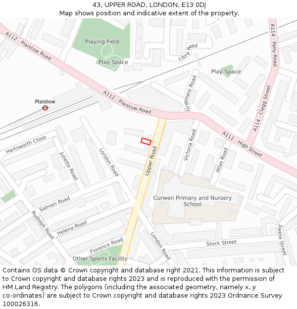 43, UPPER ROAD, LONDON, E13 0DJ: Location map and indicative extent of plot