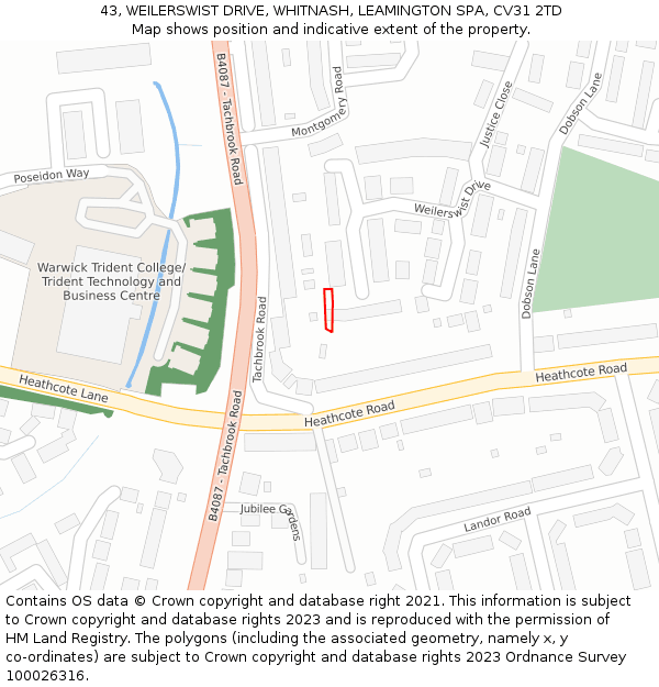43, WEILERSWIST DRIVE, WHITNASH, LEAMINGTON SPA, CV31 2TD: Location map and indicative extent of plot