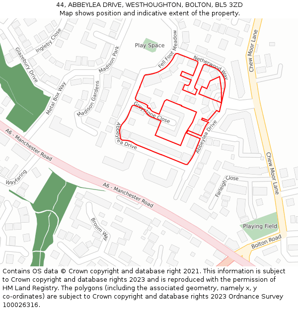 44, ABBEYLEA DRIVE, WESTHOUGHTON, BOLTON, BL5 3ZD: Location map and indicative extent of plot